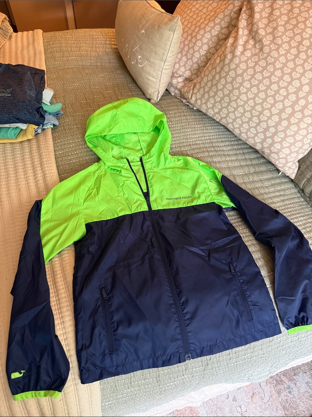 Vineyard Vines Neon Green and Navy Hooded Windbreaker